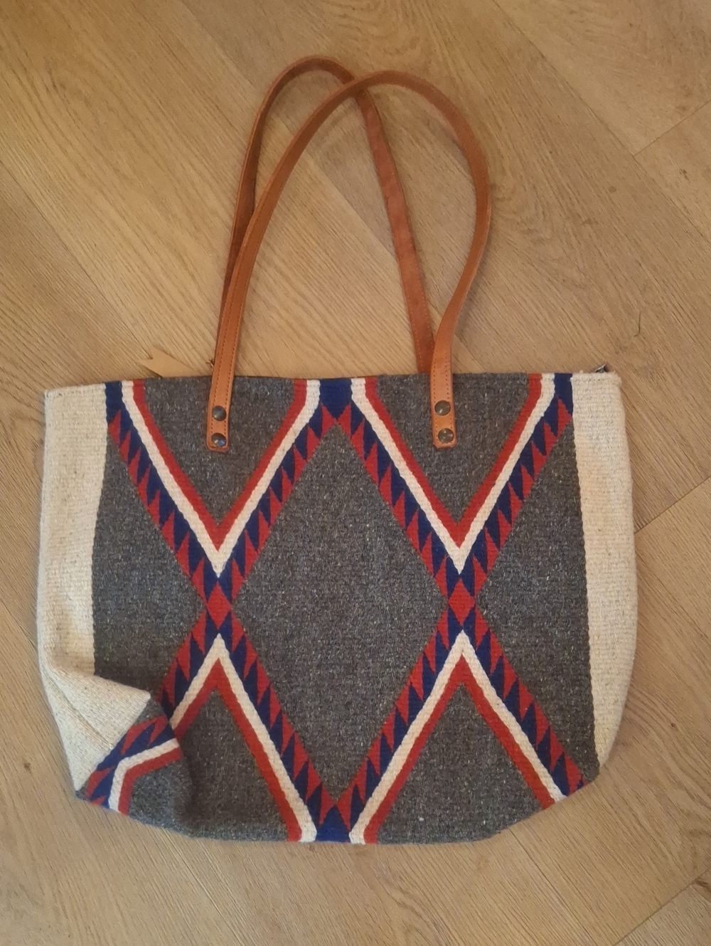 Boho Diamond Pattern Tote Bag in Gray, Red & Blue